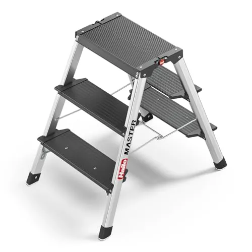 Hailo Master D70 Aluminium Doppelstufen-Trittleiter – beidseitig begehbare Klappleiter mit rutschhemmenden Stufen