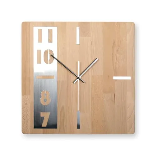 Kreative Feder Designer-Wanduhr „Timeline“ aus massivem Echtholz mit modernem Metallic-Look (leises Funkuhrwerk, Buche)