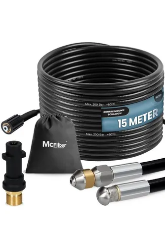McFilter Hochdruckschlauch 15m für Kärcher Hochdruckreiniger - Effizientes Rohrreinigungs-Set mit 2 Düsen und M22 Adapter, max. 200 bar. Ideal für die Reinigung von Abfluss- und Kanalrohren. Flexibel und robust für professionelle Ergebnisse.