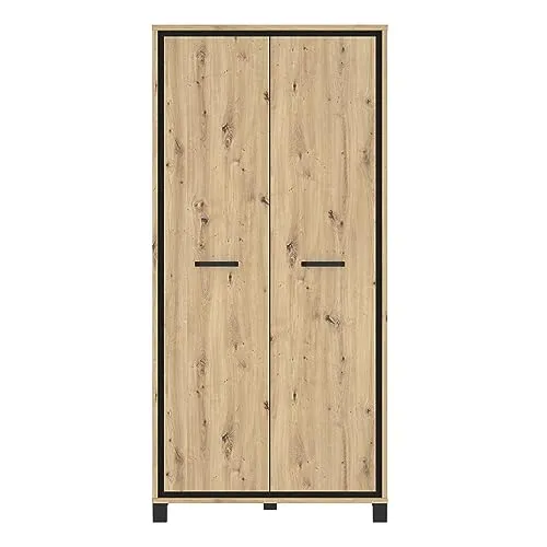 Kleiderschrank Trondheim in Artisan Eiche und Schwarzeiche - Moderner Mehrzweckschrank mit 2 Drehtüren, 5 Regalfächern und industriellem Design – ideal für Wohnzimmer und Schlafzimmer.