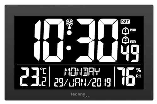 technoline Funkwanduhr WS 8017 - Wanduhren mit Temperatur- und Luftfeuchteanzeige, ideal für ein gesundes Raumklima. Elegantes Design in Schwarz.
