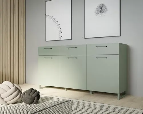 möbelando Sideboard SILBA in Salbei Grün, 3 Türen & 3 Schubladen - Kommode SILBA mit großzügigem Stauraum (164,6x93,4x41,1 cm), modernes Design und pflegeleichte Oberfläche, ideal für Wohnzimmer, Schlafzimmer oder Flur.