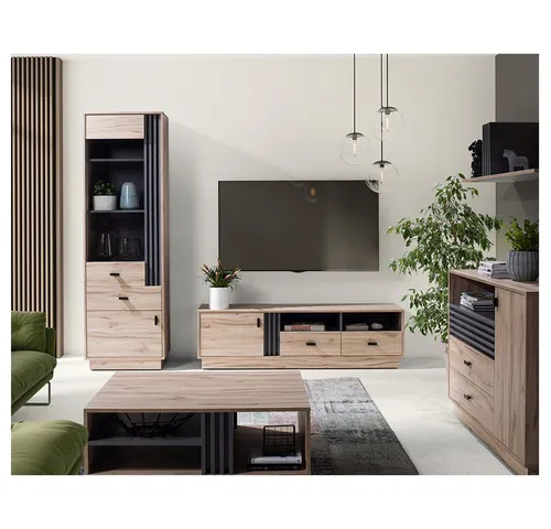 Lomadox Wohnzimmer-Set ANTIGUA-133, 5-teilig mit Vitrine und Couchtisch - Kompaktes 5-teiliges Wohnzimmer-Set in Eiche mit anthrazitfarbenen Details. Bietet viel Stauraum und überzeugt mit modernem Design. Ideal für die stilvolle Einrichtung Ihres Wohnzimmers.