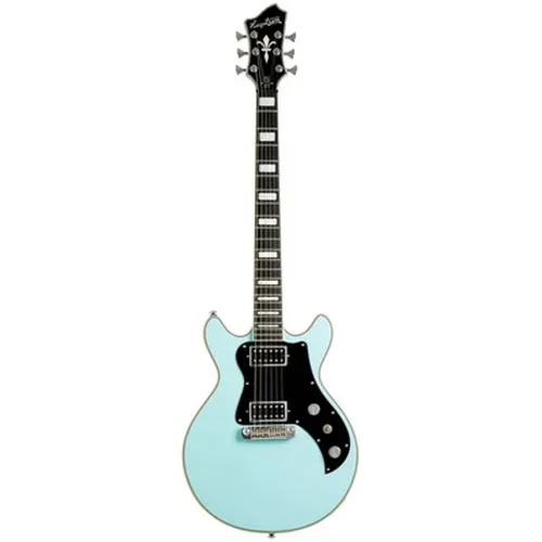 Hagstrom Megin Aged Sky Blue E-Gitarre - E-Gitarre mit Mahagoni-Korpus und eingeleimtem Hals, ideal für vielseitige Klänge und perfekte Bespielbarkeit. Die Aged Sky Blue-Farbe verleiht ihr einen einzigartigen Vintage-Look.
