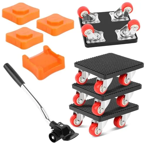 9-Teiliges Möbel Transportroller Set, Schwerlast Möbelheber mit 330mm Verlängerungsstange, 4 Möbelrollen, 4 Höhenversteller, 400kg Tragfähigkeit, 360° drehbarer Möbeltransport & Umzugshelfer