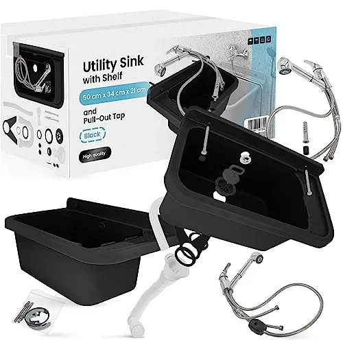 Ausgussbecken 50 x 34 cm Schwarz mit Regal Spültischmischer mit Ausziehbrause Spülbecken Waschbecken für Garten Garage Keller Waschküche Gartenwaschbecken Waschtrog Siphon und Montageset