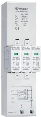 Finder 7P. 04.8.255.S007 Blitz- und Überspannungsableiter - Typ 1+2 Blitz- und Überspannungsableiter für dreiphasige TN-S und TT Netze, ideal für die Ableitung von Blitzströmen bis 7,5 kA pro Pol mit optischer Defektanzeige.