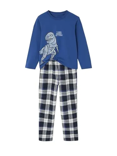 Vertbaudet Jungen Schlafanzug mit Dinoprint und Flanellhose Marine 116