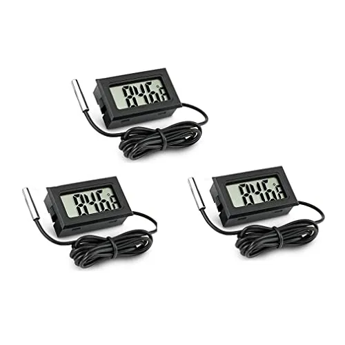 Fasizi 3 Stück LCD Digital Thermometer mit Temperaturmonitor und externer Sonde für Kühlschrank Gefrierschrank Aquarium (schwarz)