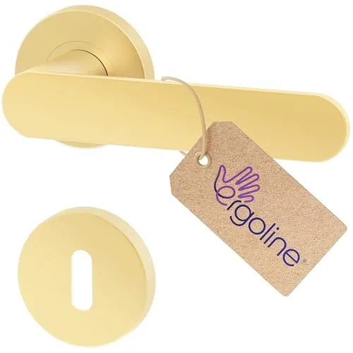 ERGO line PRIMA Gold Türbeschlag Türgriff für Zimmertüren, Messingfarben Matt, Gold Matt, Rund-Rosette, Drückergarnitur, Türbeschlag, Türklinke, Türdrücker