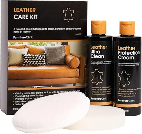 Furniture Clinic - Komplettes Lederpflege-Set | Lederreiniger & Schutzcreme für Sofas, Autos, Möbel | Das Premium Set ist mit einem Lederduft angereichert und enthält je 250ml Reiniger & Conditioner