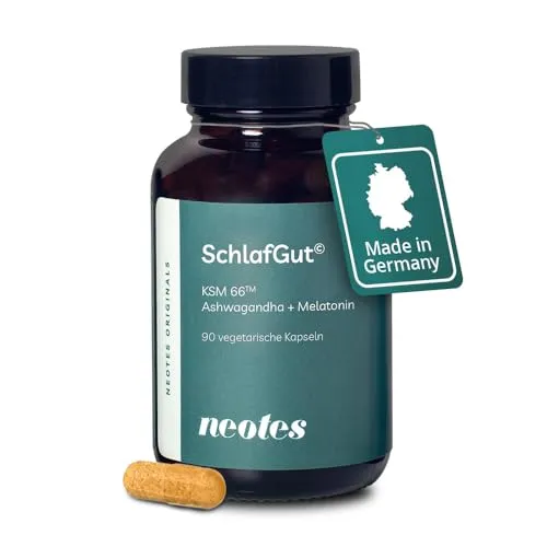 neotes SchlafGut - Ashwagandha + Melatonin 90 Kapseln Hochdosiert 400mg KSM-66™ | Mit Baldrian, GABA & Vitamin B6 | Stressabbau, Schlafverbesserung & Entspannung | Bioverfügbar & Ohne Zusätze