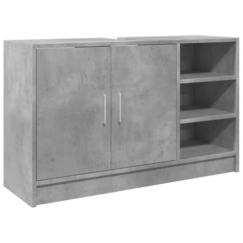 vidaXL Waschbeckenunterschrank Betongrau 90x29x55 cm - Badezimmerschrank aus langlebigem Holzwerkstoff, bietet reichlich Stauraum mit 2 Türen und 3 offenen Fächern für eine organisierte und gepflegte Badgestaltung.