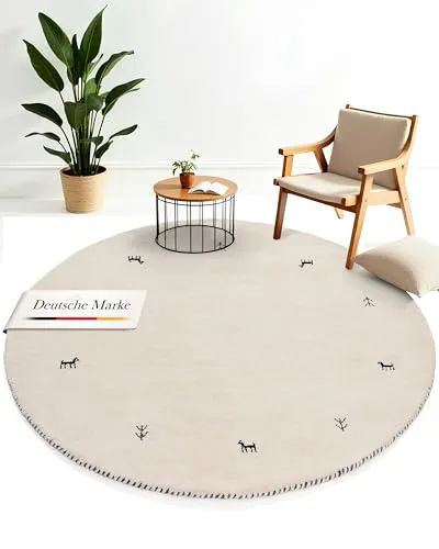 carpetfine Wollteppich Gabbeh Uni Rund Weiß Ø 300 - Teppich für Wohn- und Schlafzimmer, aus 100% Wolle, pflegeleicht und ideal für Fußbodenheizung – sorgt für eine gemütliche Atmosphäre.