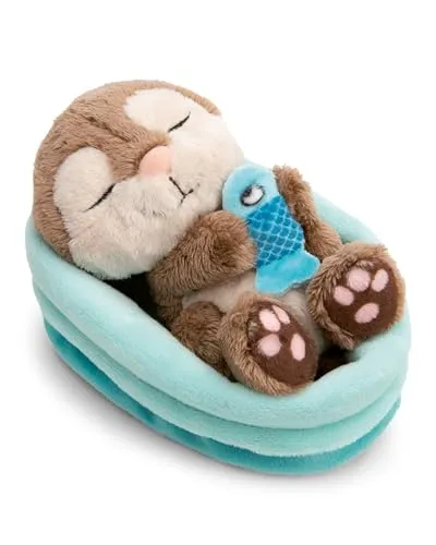 Nici Kuscheltier Sleeping Pets GREEN Otter mit Fisch 12 cm - Kuscheltiere aus recycelten Materialien, süßer Otter im blauen Körbchen, ideal zum Trösten und Spielen.