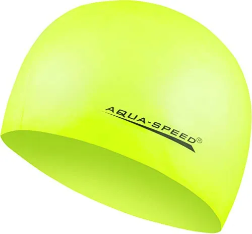 Aqua Speed MEGA gelbe Badekappe | Damen Herren | Kinder Bademütze | Bunte Badehaube | wasserdichte Schwimmhaube | Badehüte für Erwachsene | Silikonbadekappe | gelb 18