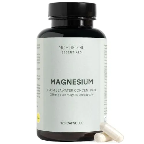 Magnesium Kapseln mit 210 mg reinem & natürlichem Magnesium | 120 vegane Kapseln aus 600 mg Meerwasserkonzentrat | Ionisiert für beste Absorption | Laborgeprüft & hochdosiert | Nordic Oil
