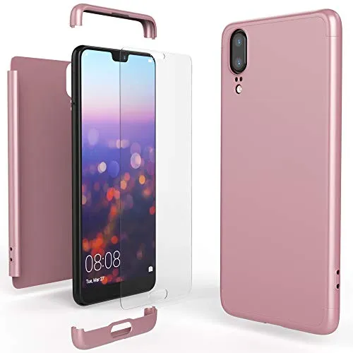 NALIA Rundum Handyhülle kompatibel mit Huawei P20, Cover 360° Grad Hülle Full-Body Doppel-Schutz mit Displayschutzglas, Slim Bumper Hard-Case 2 in 1 Etui, Rückseite & Rahmen, Farbe:Rose Gold