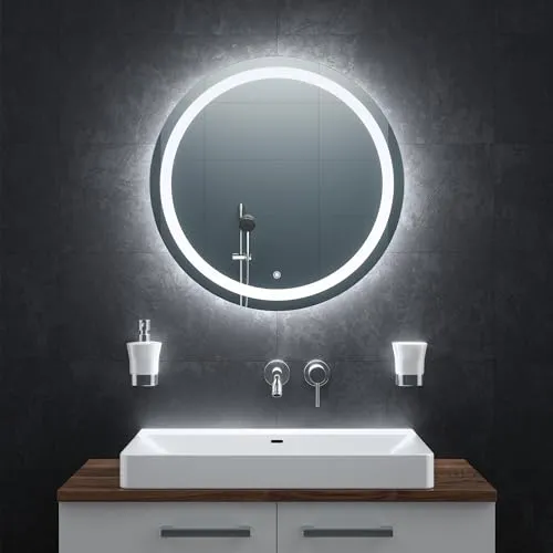 BR Bringer LED Badspiegel Rund 70cm - Dimmbar mit Anti-Beschlag Funktion - Badezimmer Wandspiegel mit 3 Lichtfarben, Touch-Schalter und Speicherfunktion für perfekte Lichtverhältnisse und klare Sicht nach der Dusche.