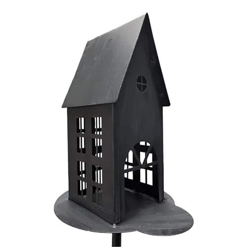 Metall Gartenstecker Haus in anthrazit - H 75 cm - Gartendeko Beetstecker Windlicht - Frühling Sommer Blumenbeet Deko Laterne Metallstecker mit Erdspieß
