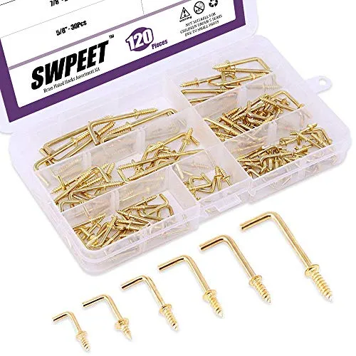 Swpeet 120 Stück 6 Größen vergoldetes vermessingtes Metall zum Einschrauben, quadratisch, gebogene Haken, selbstschneidende Schrauben für Zuhause/Arbeitsplatz/Büro