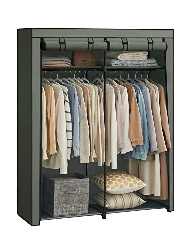 SONGMICS Kleiderschrank, Garderobe mit 2 Kleiderstangen, Kleidungsaufbewahrung, Stoffschrank, Kleiderständer, faltbar, Ankleidezimmer, Schlafzimmer, 140 x 43 x 174 cm, salbeigrün RYG002C02