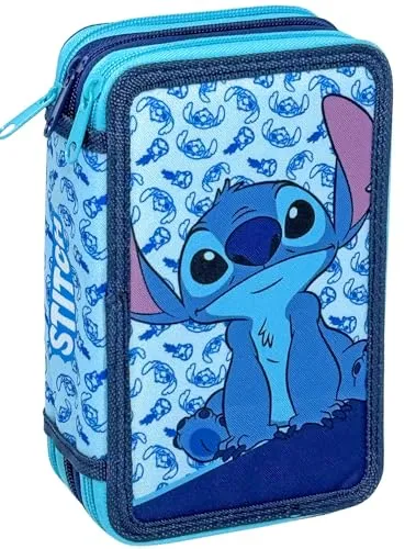 3-Fach Federmäppchen für Stitch Fan – 44-teilig, komplett gefüllt - Federmäppchen mit 3 Fächern, perfekt für die Schule: Enthält Stifte, Buntstifte und Scheren. Offizielles Stitch-Design für kreative Kids!