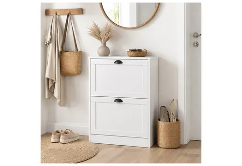 HTI-Living Schuhschrank Thekla Weiß, platzsparend mit 2 Klappen - Der Schuhschrank Thekla überzeugt mit modernem Design und nur 24 cm Tiefe. Ideal für schmale Flure, bietet er mit zwei Klappen und mehreren Ebenen ausreichend Stauraum und sorgt für Ordnung. Maße: 55 x 80 x 24 cm.