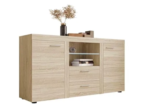 Kommode Rango mit Glasboden - Hochwertiges Highboard in Sonoma Eiche - Buffetschrank mit 2 Schubladen und 2 Türen, stilvolle LED-Beleuchtung optional erhältlich, perfekt für jeden Wohnraum.