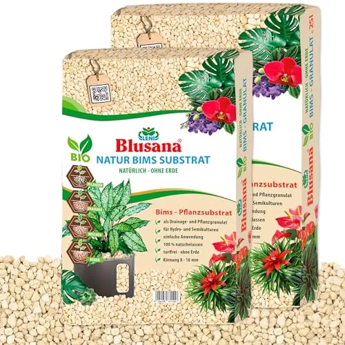 Blusana Bimsstein Pflanzsubstrat 35 Liter - Blumenerde aus 100% reinem Vulkangestein, ideal für optimale Drainage und Wasserspeicherung. Perfekt für große Pflanzen und Hydrokultur, sorgt für gesundes Wurzelwachstum ohne Krankheiten.