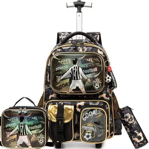 Kinder Trolley Rucksack Schultasche Fußball Schwarz 24L mit Lunchpaket & Federmäppchen