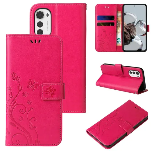 Handyhülle für Motorola E32 Cover Klapp Case Tasche Blume Schmetterling Pink