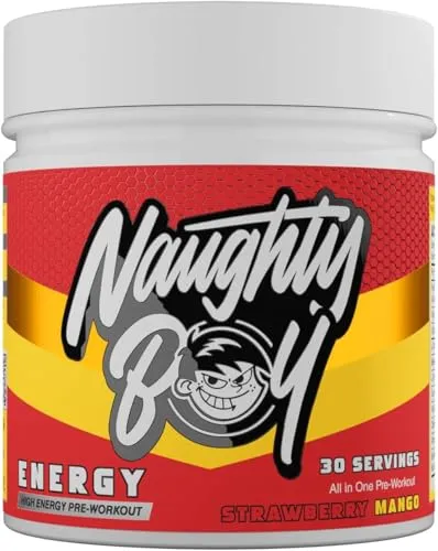 NaughtyBoy Energy Pre-Workout Pulver - Erdbeer-Mango, 30 Portionen, All-in-One-Pumpe, Performance & Focus Formel, 200mg Koffein, transparente Formel