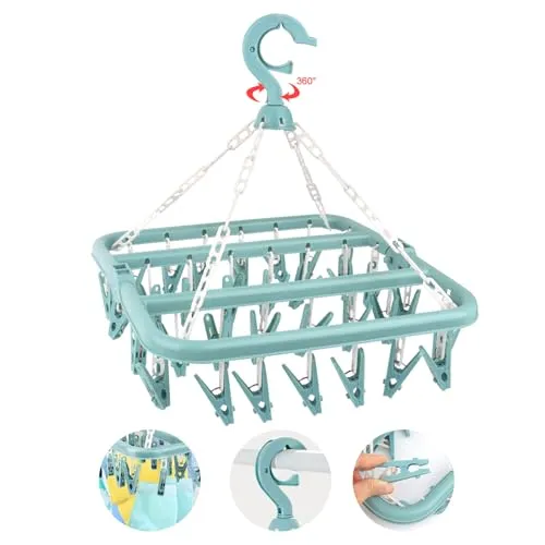 LWMTT Sockentrockner Wäscheständer,Wäschetrockner Kleiderbügel mit 32 Clips und Tropf Faltbare Wäsche Hänger Rack für Socken Babykleidung Unterwäsche Handtücher (Blau)