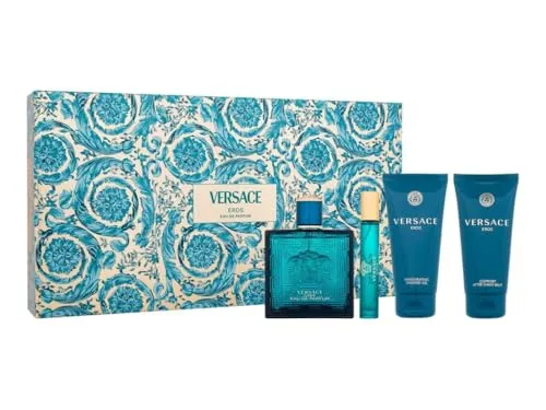VERSACE Eros Pour Homme Geschenkset - Geschenkbox mit 100 ml Eau De Parfum und Pflegeprodukten, ideal für den modernen Mann, der seinen Duft stilvoll zelebrieren möchte.