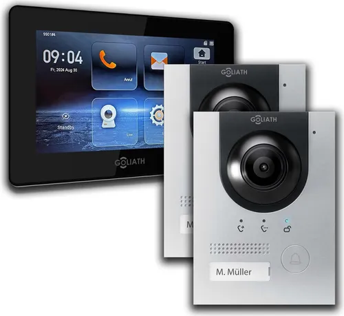 Goliath IP Gegensprechanlage mit 7 Zoll Monitor - Moderne IP Gegensprechanlage mit 7 Zoll Farbmonitor, 2 Außenstationen und 180° HD Kamera. Ideal für sicheren Zugriff und einfache Kommunikation zu Hause.