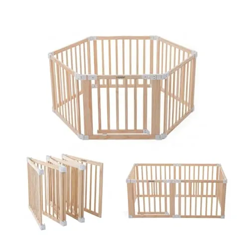 Faltbares Laufgitter Baby aus Naturholz mit Tür und rutschfesten Saugnäpfen – Modularer Spielbereich für Babys