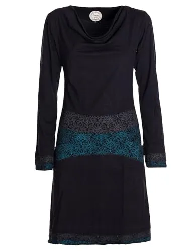 Vishes - Alternative Bekleidung - Langarm Damen Kleid mit Wasserfallkragen Bund Bedruckt Taschen schwarz 46