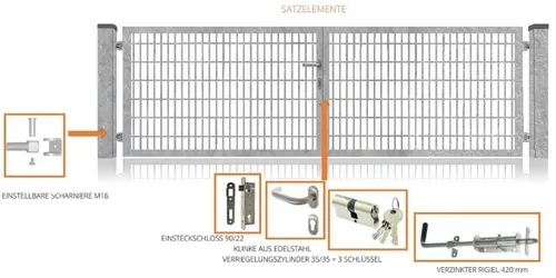 Fischer und Adamek Doppelflügeltor mit Pfosten und Schlüsseln - Zauntor aus verzinktem Doppelstab, langlebig und TÜV-zertifiziert. Ideal für einen stilvollen Zugang zu Ihrem Grundstück mit einfachem Montagekomfort.