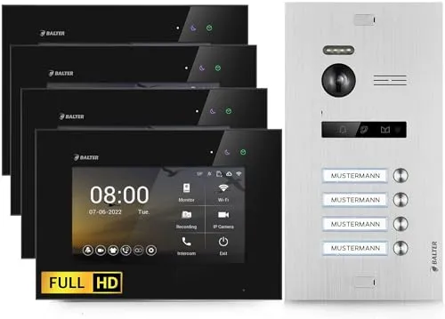 Balter EVO-HD Video Türsprechanlage - Haus-Alarmanlagen mit Full HD-Kamera und 175° Weitwinkel, ideal für 2-Familienhäuser, inklusive 4 Monitoren und einfacher 2-Draht-Installation.