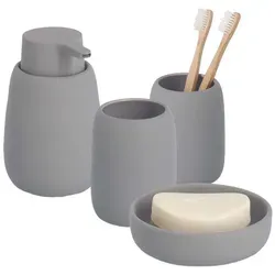 Zeller Present Badaccessoires Set, Grau, Keramik, 4-teilig - Elegantes 4-teiliges Badaccessoire-Set in Grau: Seifenspender mit hygienischem Pumpmechanismus, 2 Zahnputzbecher für vielseitige Nutzung und eine Seifenschale mit erhöhten Noppen. Ideal für stilvolle Badezimmergestaltung.