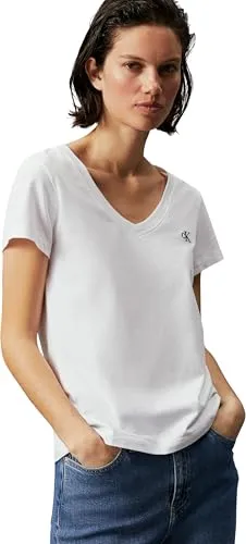 Calvin Klein Damen T-Shirt Kurzarm Ck Embroidery V-Ausschnitt, Weiß (Bright White), XL - T-Shirts für Damen, zeitloses Design mit angenehmem Baumwoll-Stoff, ideal als Loungeshirt oder Alltagsbegleiter und perfekt als Geschenk.