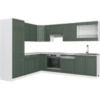 Vicco Winkelküche Fame-Line, Grün-Gold Landhaus - Küchenzeilen mit L-Design, viel Stauraum und hochwertigen MDF-Fronten. Soft-Close-Scharniere und individuelle Module bieten Flexibilität und Stil.