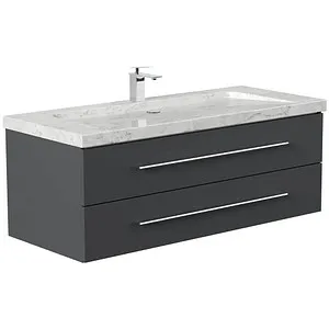 Badmöbel Marmor Carrara White YAMO 130 cm mit SoftClose - Badezimmermöbel aus hochwertigem Marmor, einzigartiges Design mit Anti-Fingerprint-Oberfläche und zwei Soft-Close-Schubladen für komfortable Nutzung.