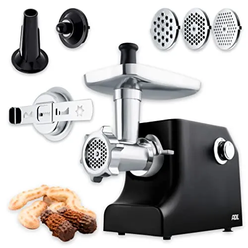 ADE KA1801 Elektrischer Fleischwolf, 2-in-1-Maschine Spritzgebäckpresse (elektrisch mit 2000 Watt Leistung, Aluminiumgehäuse, Edelstahl-Metallantrieb, GS-zertifiziert) schwarz
