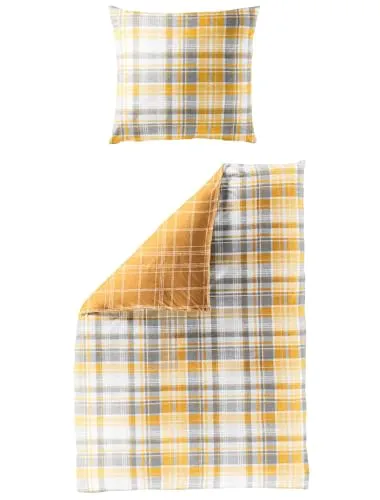 Bierbaum Biber Wende - Bettwäsche 2 TLG. 135x200cm Karos Gelb Ocker Sand Silber Grau - Bettwäsche-Set aus 100% Baumwolle mit fröhlichem Karo-Motiv, atmungsaktiv und hautfreundlich. Ideal für einen gemütlichen Schlaf, bei 60 Grad waschbar und trocknergeeignet.