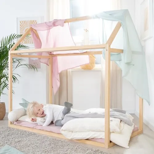 Roba Hausbett Montessori - Hochwertiges Kinderbett aus Bambus-Massivholz, leicht zu reinigen und ideal für ein gemütliches Kinderzimmer. Maße: B: 77 cm, H: 134 cm.