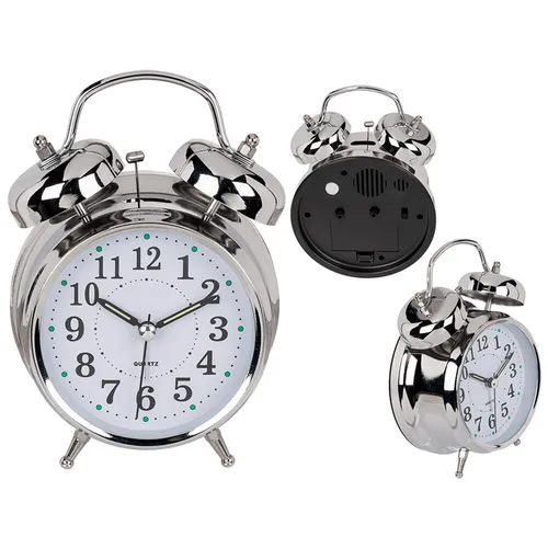 Metall Glocken Wecker Uhr Doppelglocken Verchromt Ziffernblatt Weiß ca. 18 cm