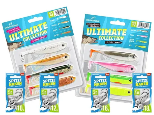 Lieblingsköder Kunstköder 10 cm - Zander Starter-Set - Kunstköder für Barsch und Zander, 10 cm Starter-Set mit 8 Ködern und 4 Jigköpfen, ideal für klares und trübes Wasser, sorgt für erfolgreichen Fang!