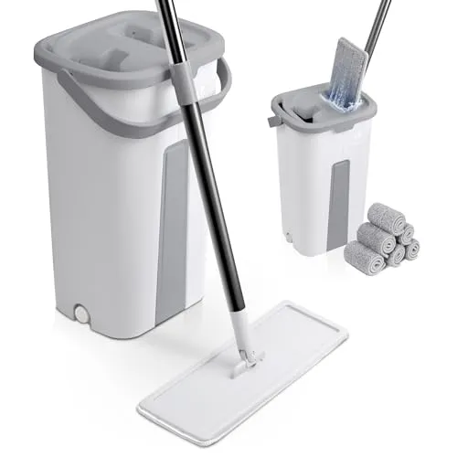 VOUNOT Wischmopp Set mit Eimer - Effiziente Reinigung für alle Böden - Kommerzielles Mopp- & Eimerset mit 2-Kammer-System und 360° drehbarem Moppkopf. Inklusive 6 wiederverwendbaren Mikrofaser-Bezügen für optimale Saugfähigkeit und Haltbarkeit.